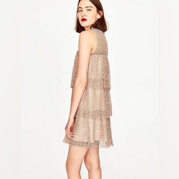 ZARA Women's Mini Dress Lace Crochet Tiered layers Romantic Pink nude Size XS - Picture 16 of 16